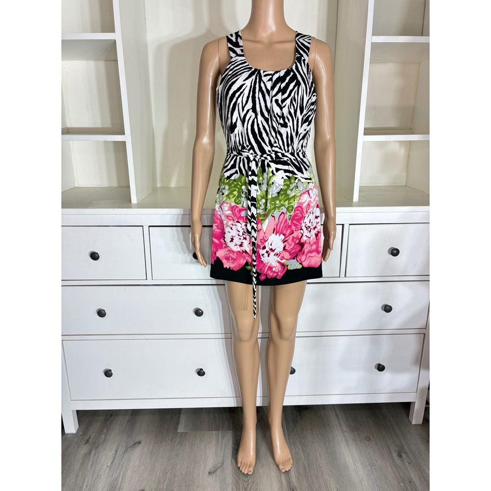 Cache Mini Dress Women Small Black White Pink Zebra Floral Sleeveless Tie Belt